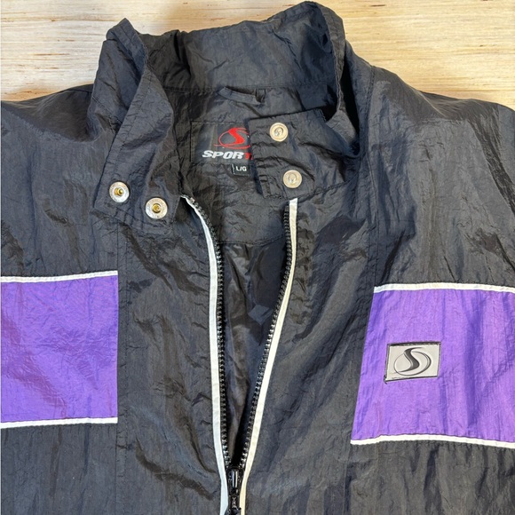 Vintage 90s Sportek Windbreaker Jacket Black Purple Nylon Colorblock L - Picture 3 of 5
